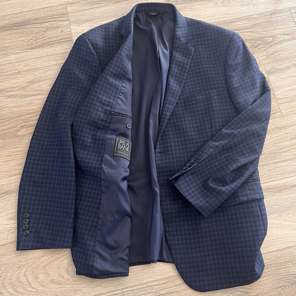 Jos A Bank Traveler Traditional Fit Blazer Suit Coat 46 Blue Plaid Check Stretch - Picture 2 of 12
